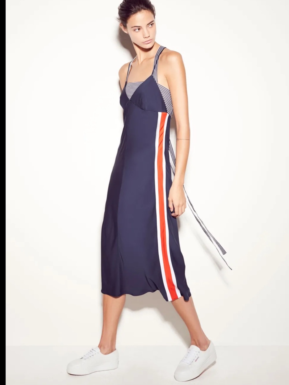 Milly Navy Midi Dress with Red and White Side Stripes | 6
